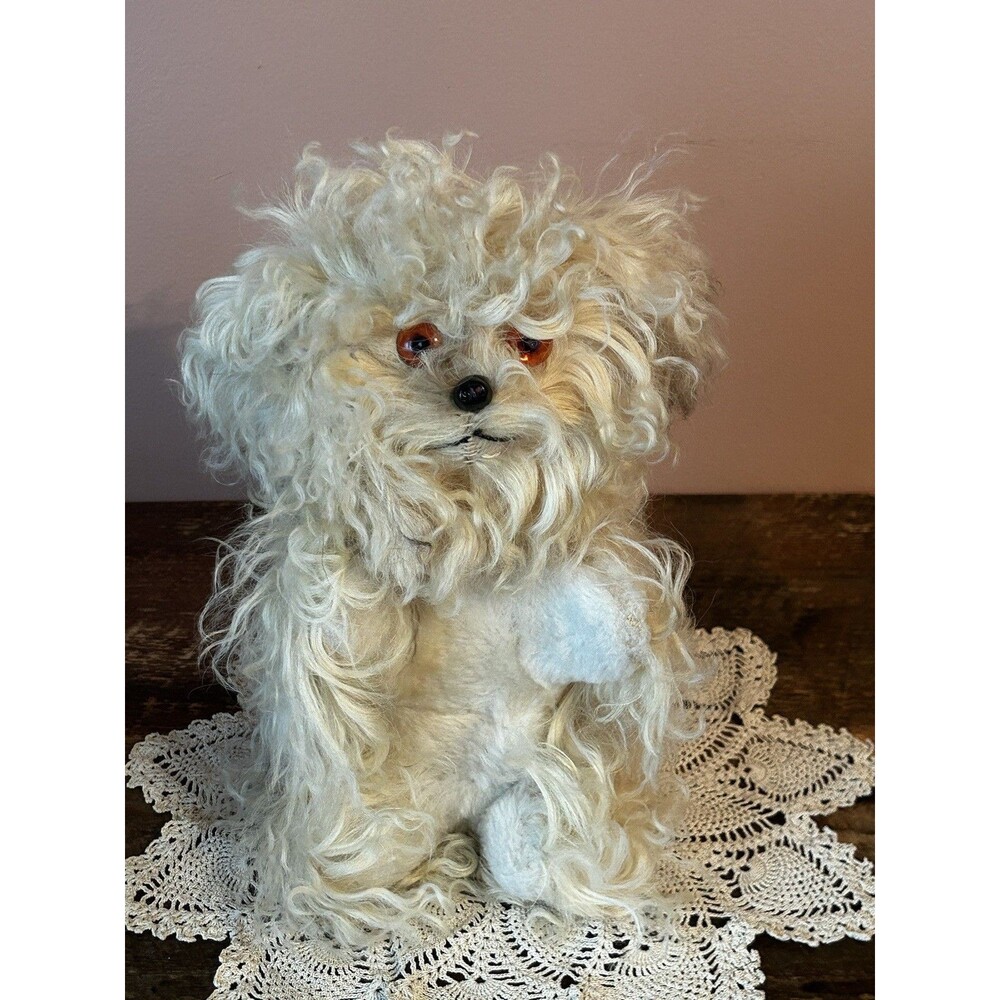 VTG MCM Curly Mohair Sitting Dog Poodle Bichon Stiff Plush Stuffed Animal Cream
